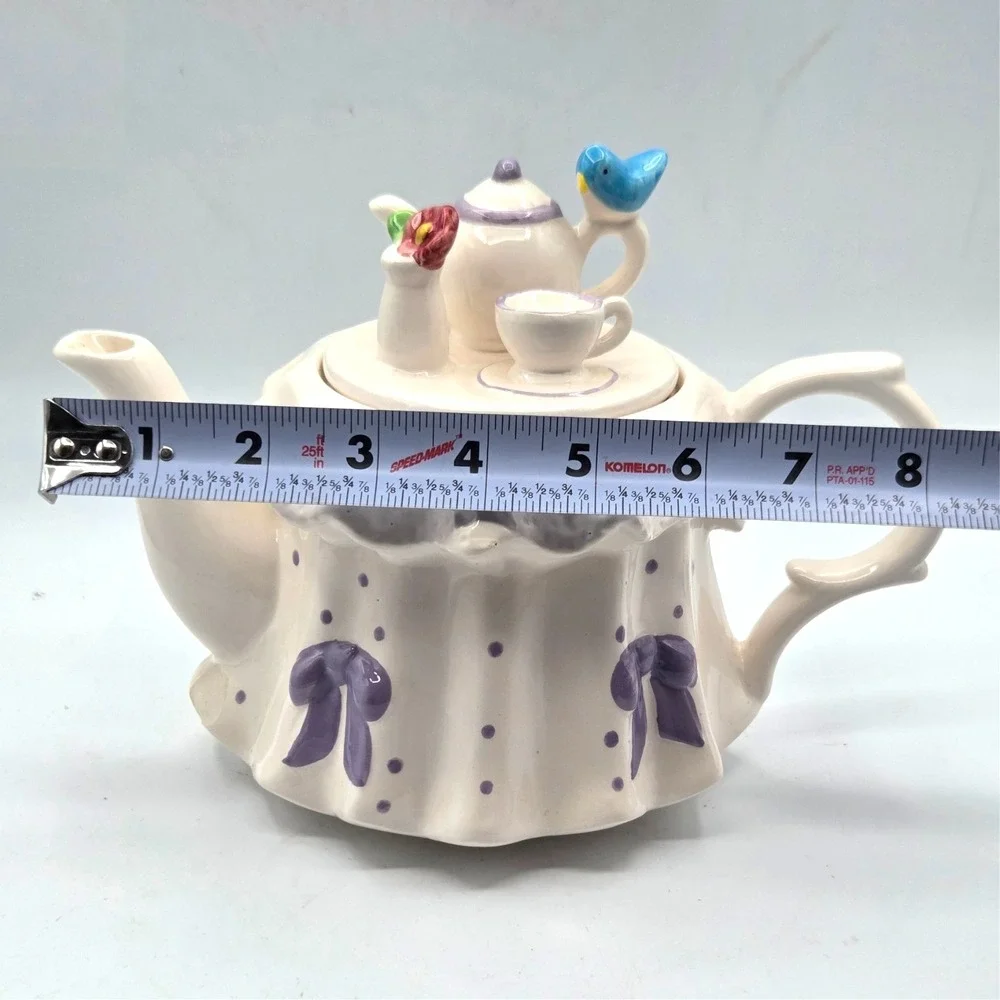 Teleflora Vintage Teapot, Tea Party White, Purple bows & Polkas Dots, Blue Bird